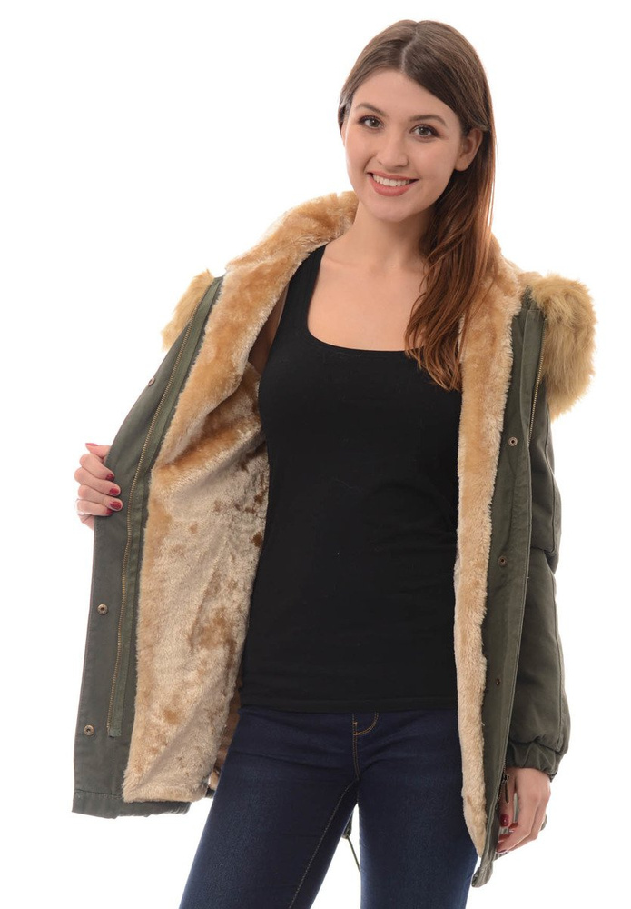 Damska Parka Kurtka Zimowa Futro Zielona