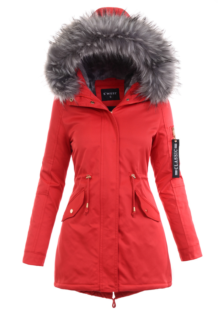 Parka Zimowa Czerwona z Szarym Futerkiem