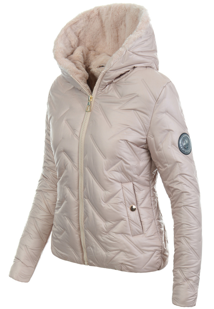 Damska Kurtka Zimowa Perłowo Beżowa z Beżowym Futerkiem