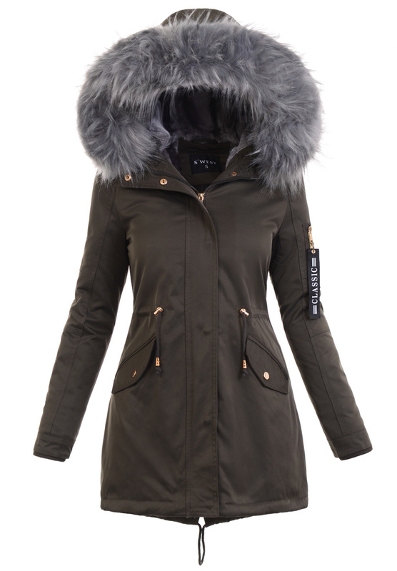 Parka Zimowa Khaki z Szarym Futerkiem