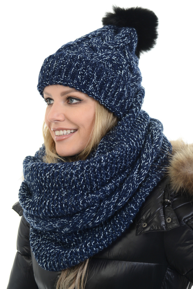 Komplet Damski Czapka z Kominem Melanż Granat z Białym