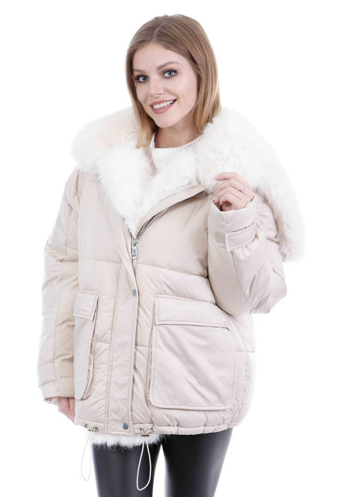 Damska Zimowa Ortalionowa Kurtka Beżowa