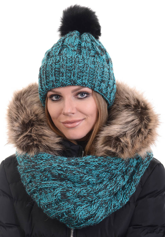 Komplet Damski Czapka z Szalikiem Grafitowo Zielony