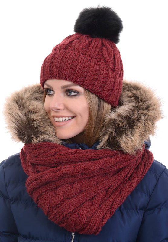 Komplet Damski Czapka z Szalikiem Bordowy