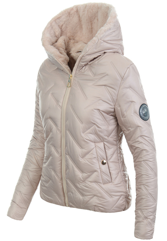 Damska Kurtka Zimowa Perłowo Beżowa z Beżowym Futerkiem