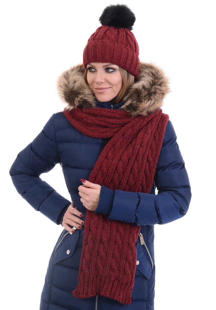 Komplet Damski Czapka z Szalikiem Bordowy