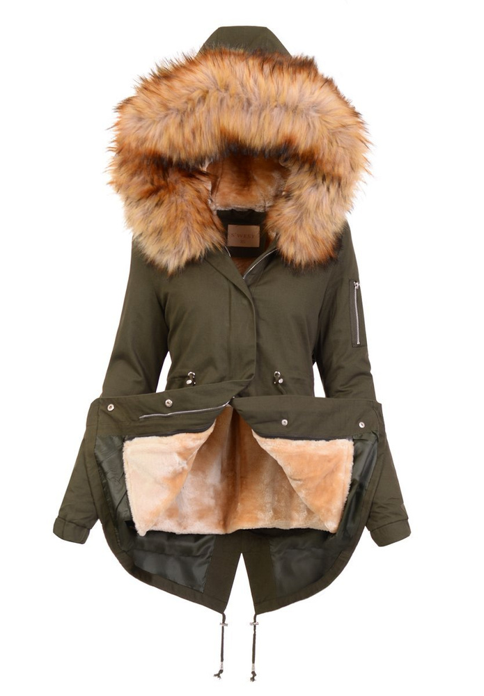Damska Kurtka Parka 2w1 Emilia Khaki z Brązowym Futerkiem