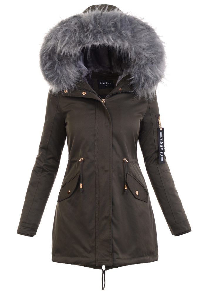 Parka Zimowa Khaki z Szarym Futerkiem