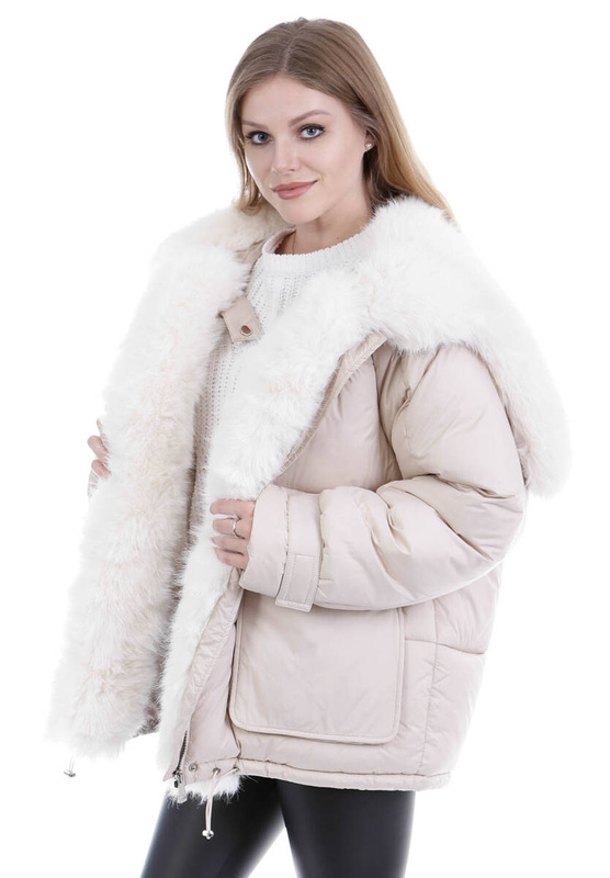 Damska Zimowa Ortalionowa Kurtka Beżowa