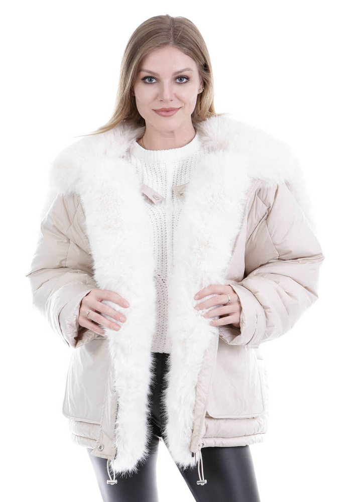 Damska Zimowa Ortalionowa Kurtka Beżowa