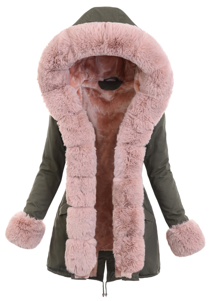 Damska Parka Iwet Zielona z Różowym Futerkiem