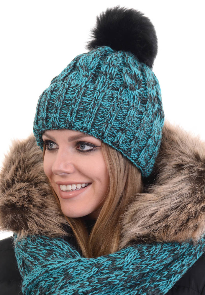 Komplet Damski Czapka z Szalikiem Grafitowo Zielony