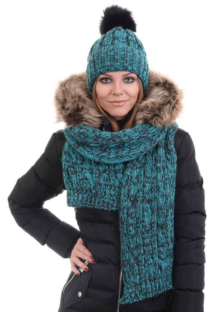 Komplet Damski Czapka z Szalikiem Grafitowo Zielony