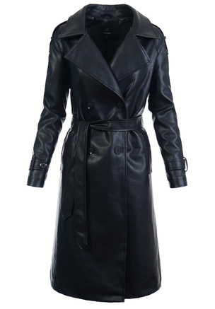 Damska Kurtka Płaszcz z Ekoskóry Czarna