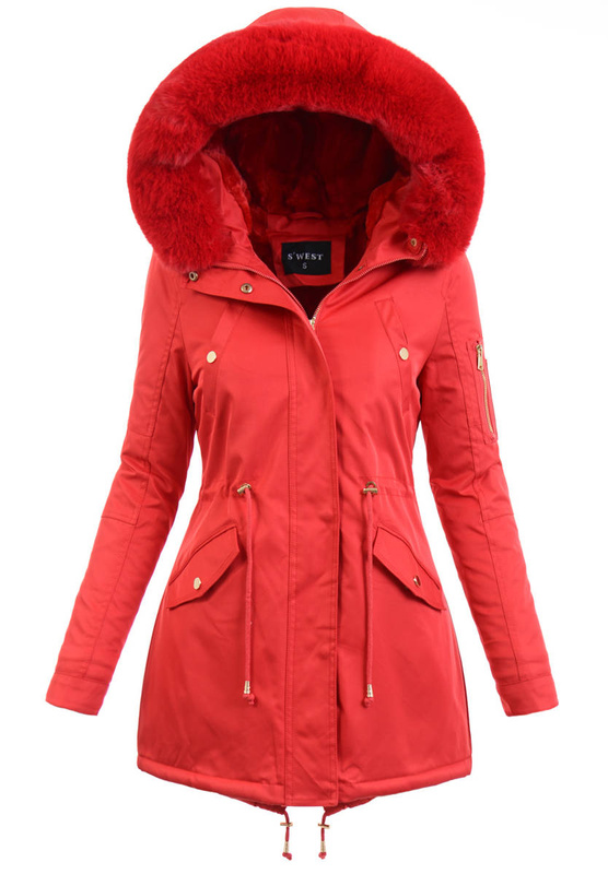 Damska Parka Kurtka Zimowa Czerwona