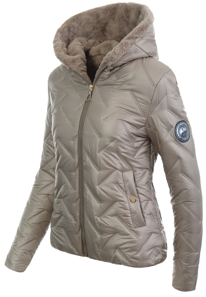 Damska Kurtka Zimowa Beżowa z Beżowym Futerkiem