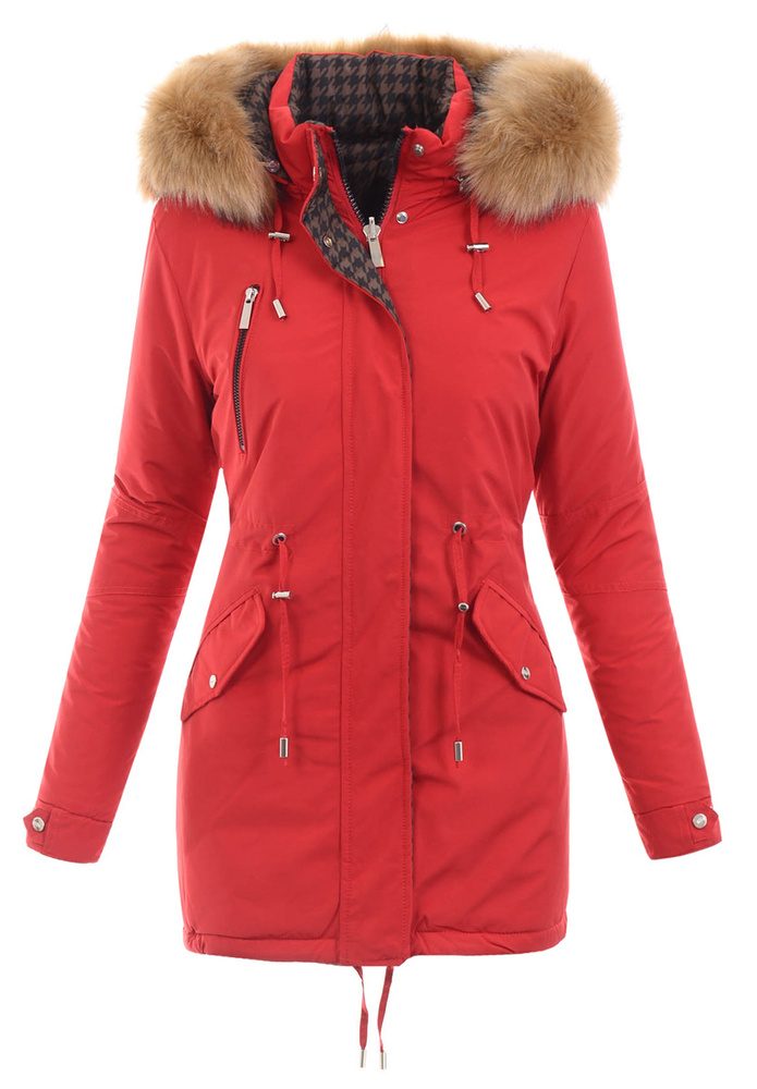 Damska Parka Kurtka Zimowa Czerwona