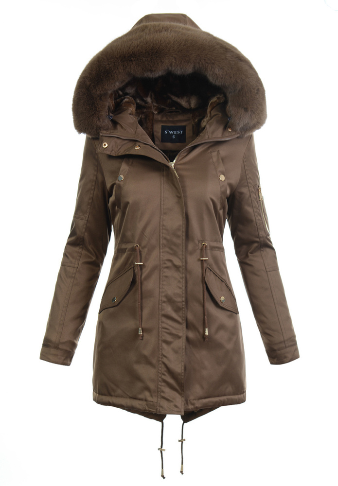 Damska Parka Kurtka Zimowa Brązowa
