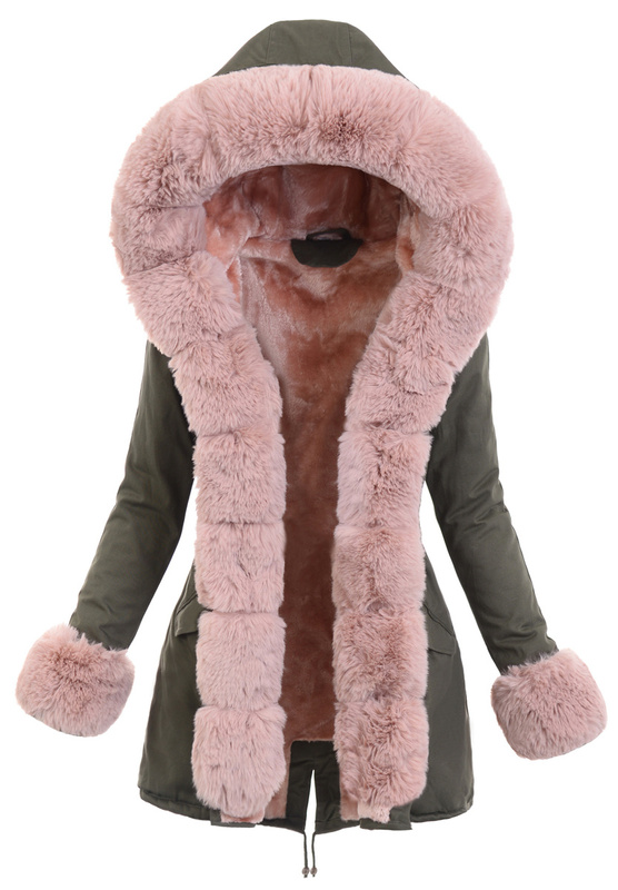 Damska Parka Iwet Zielona z Różowym Futerkiem