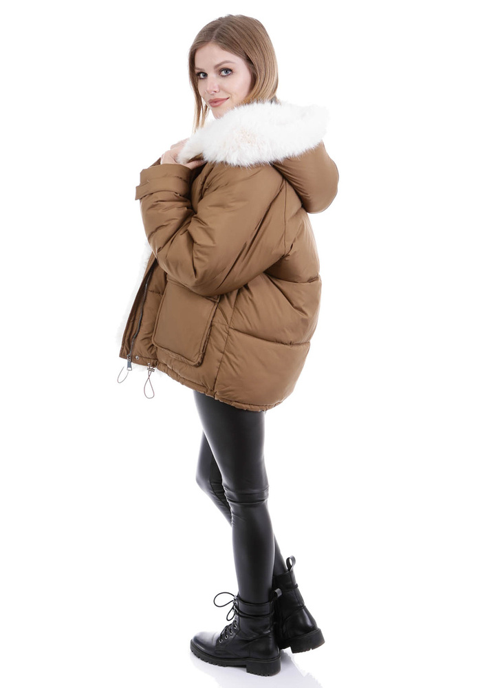 Damska Zimowa Ortalionowa Kurtka Brązowa