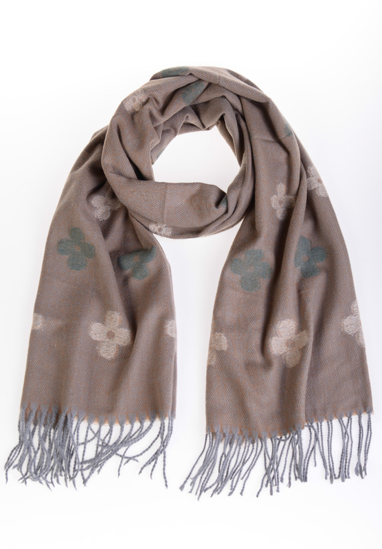 Szal Damski Ciemno Brązowy W Kwiaty