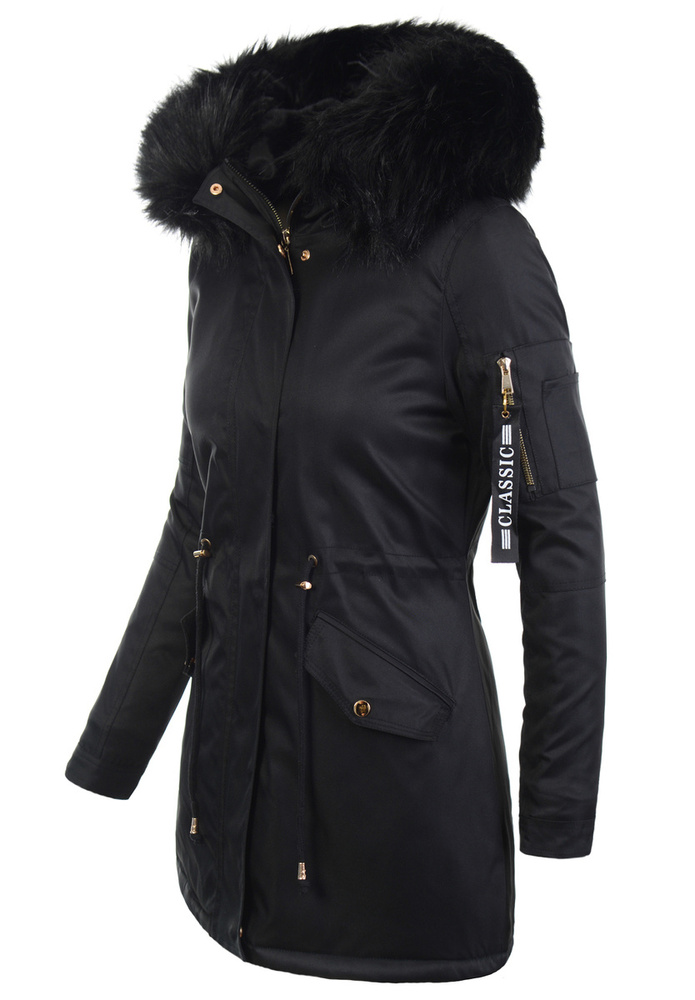 Zimowa Parka Czarna z Czarnym Futerkiem B532